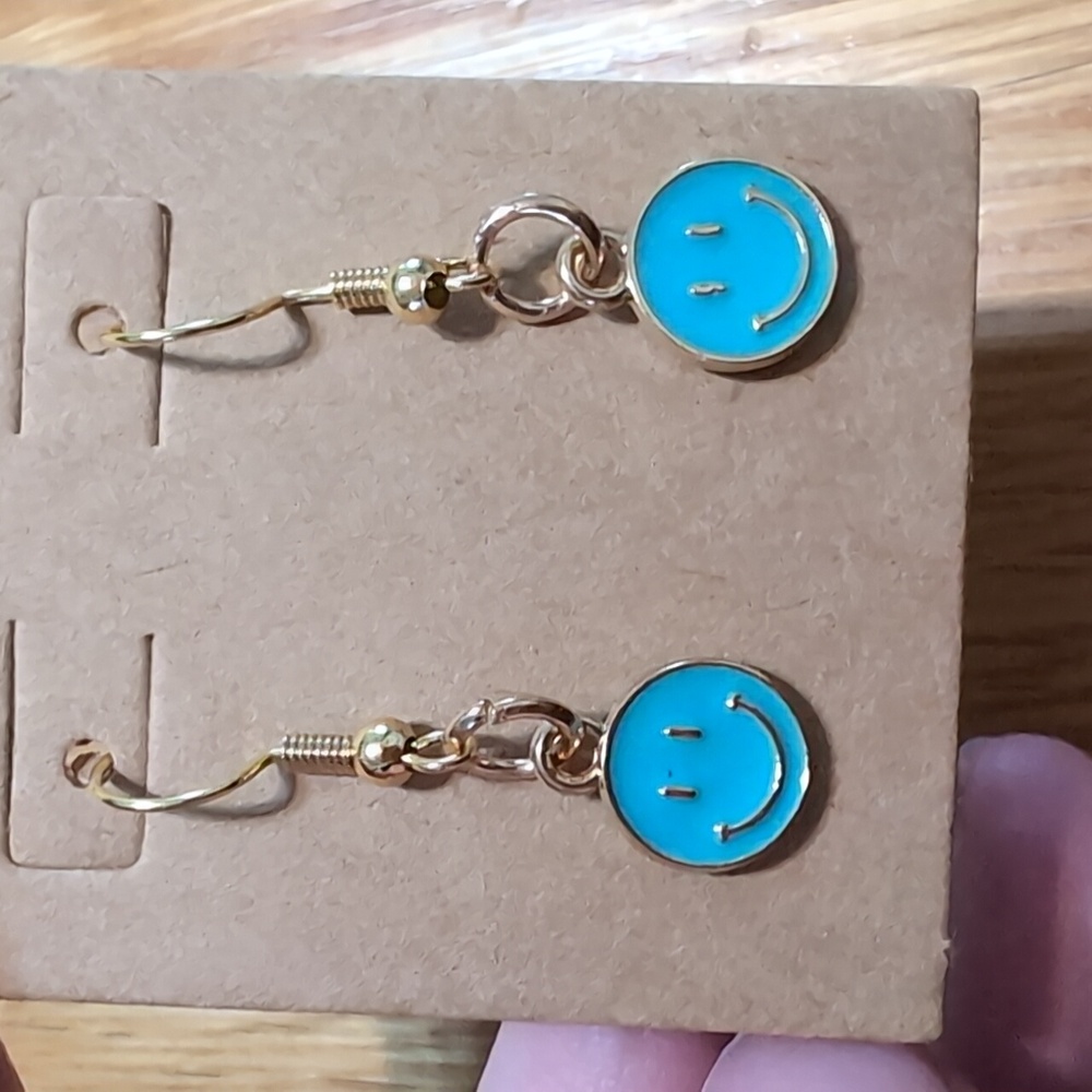 Teal Smiley Face Earrings - Picture 2 of 2
